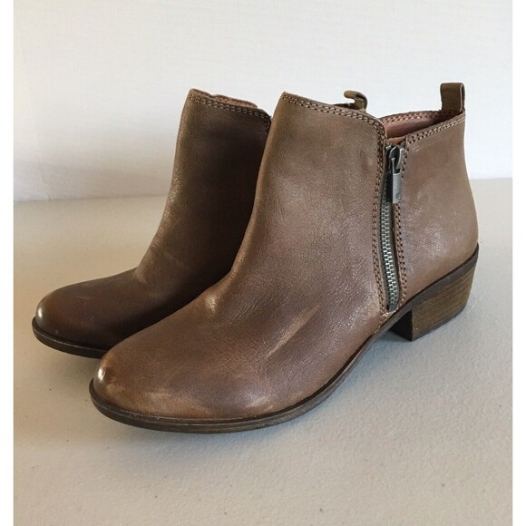 LUCKY BRAND Ankle Boots Brown Leather Basel Double Side Zip Booties Women Sz 9 - Picture 1 of 13